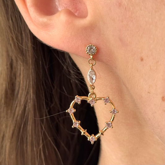 Boucles d’oreilles cœur pendantes acier inoxydable doré oxyde de zirconium rose