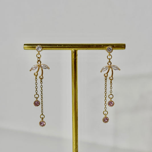 Boucles d'oreilles acier inoxydable doré pendentif en oxyde de zirconium rose et blanc