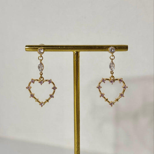 boucles d'oreilles clous dorées acier inoxydable pendentif coeur dore oxyde de zirconium rose