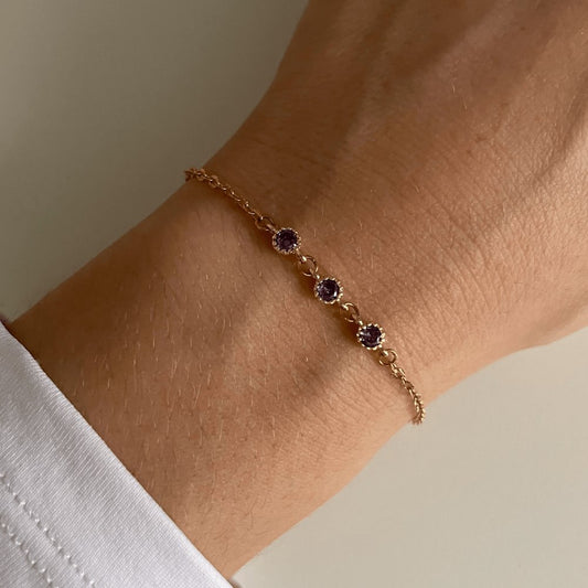 bracelet petit poignet réglable dore connecteurs violet oxyde de zirconium acier inoxydable minimaliste