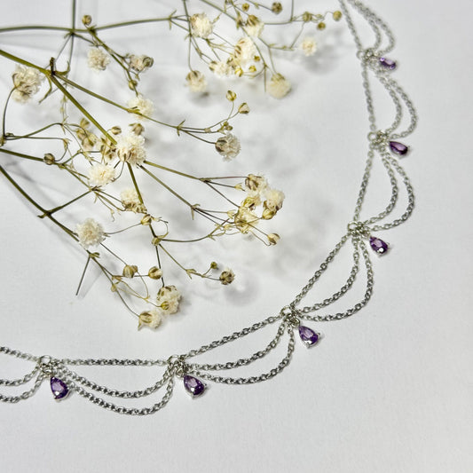 collier argente acier inoxydable princesse romantique pendentifs gouttes oxyde de zirconium violet