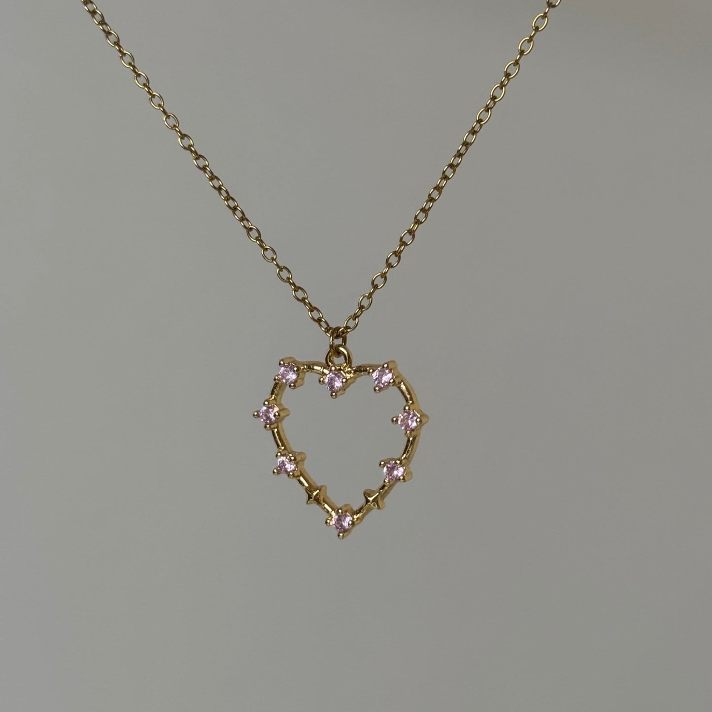 collier coeur pendentif rose oxyde de zirconium doré chaine acier inoxydable
