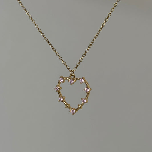 collier coeur pendentif rose oxyde de zirconium doré chaine acier inoxydable