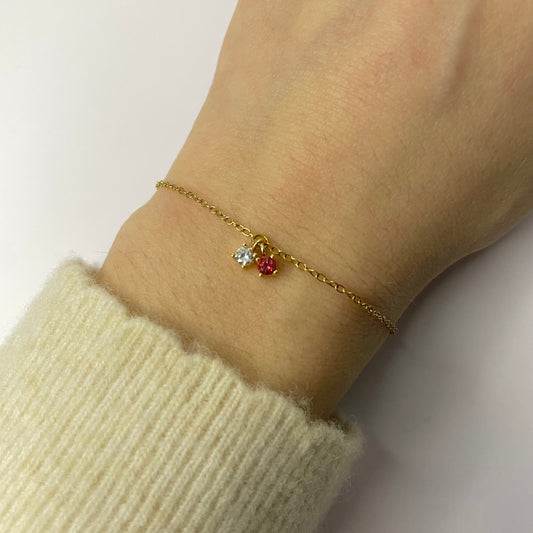 Bracelet dore acier inoxydable pendentif oxyde de zirconium double rouge rubis diamant