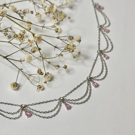 collier argente acier inoxydable pendentifs rose oxyde de zirconium goutte connecteurs chaine